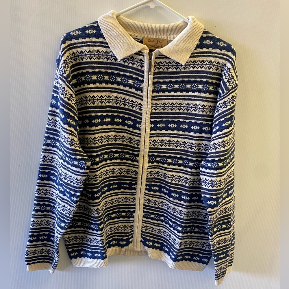 Vintage Blue and White Full Zip Collared Sweater